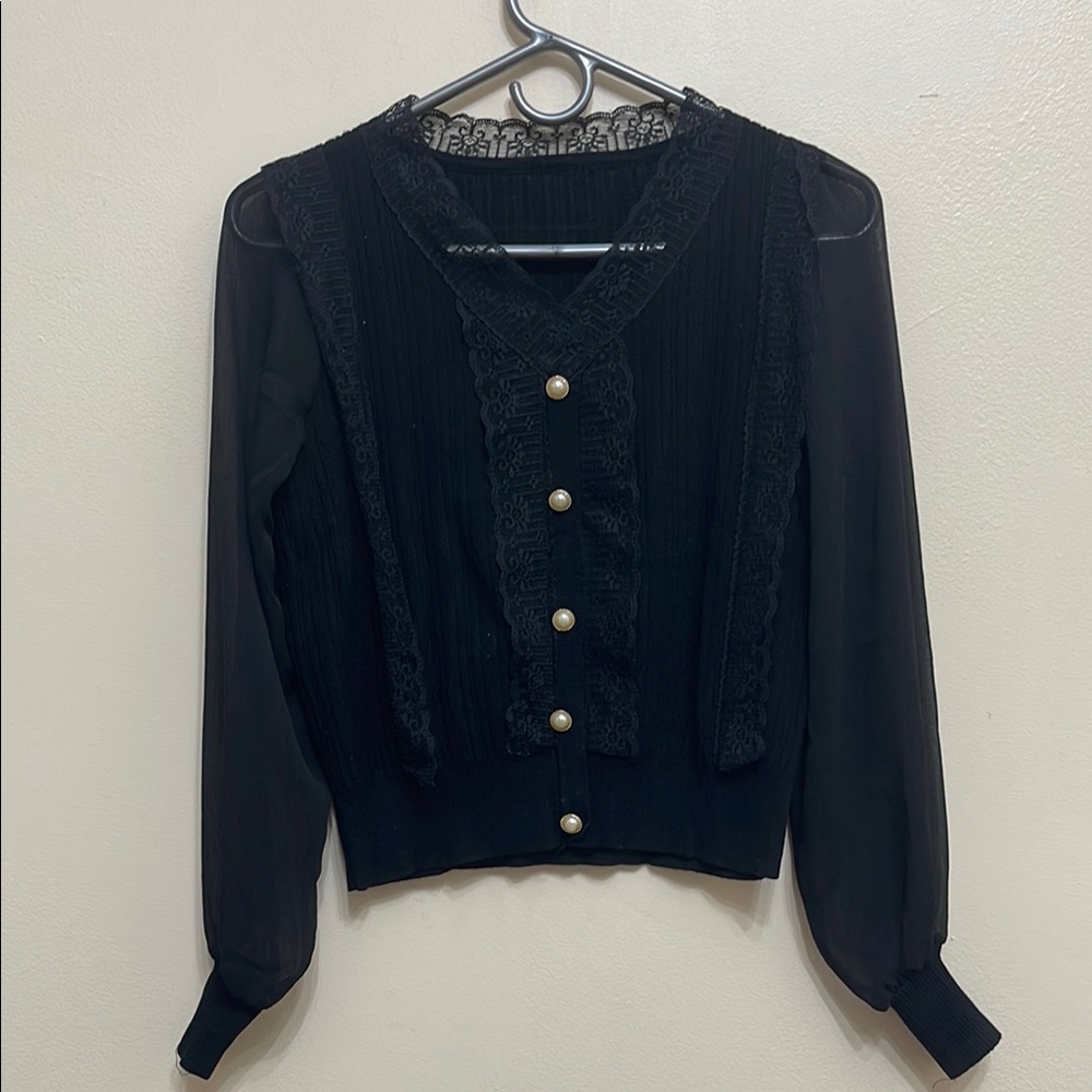 Elegant Black Lace Blouse with Pearl Buttons size M